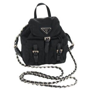 PRADA Chain Shoulder Bag Nylon Black Silver Auth 128179M